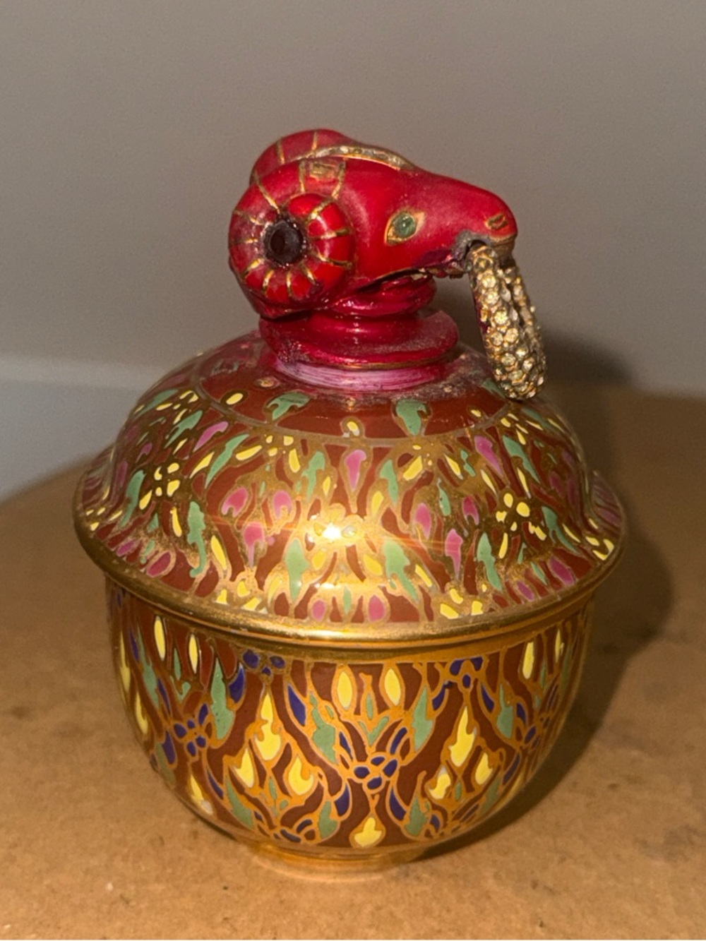 Source Unknown Red and Gold Cloisonné Ram-Head Trinket Jar